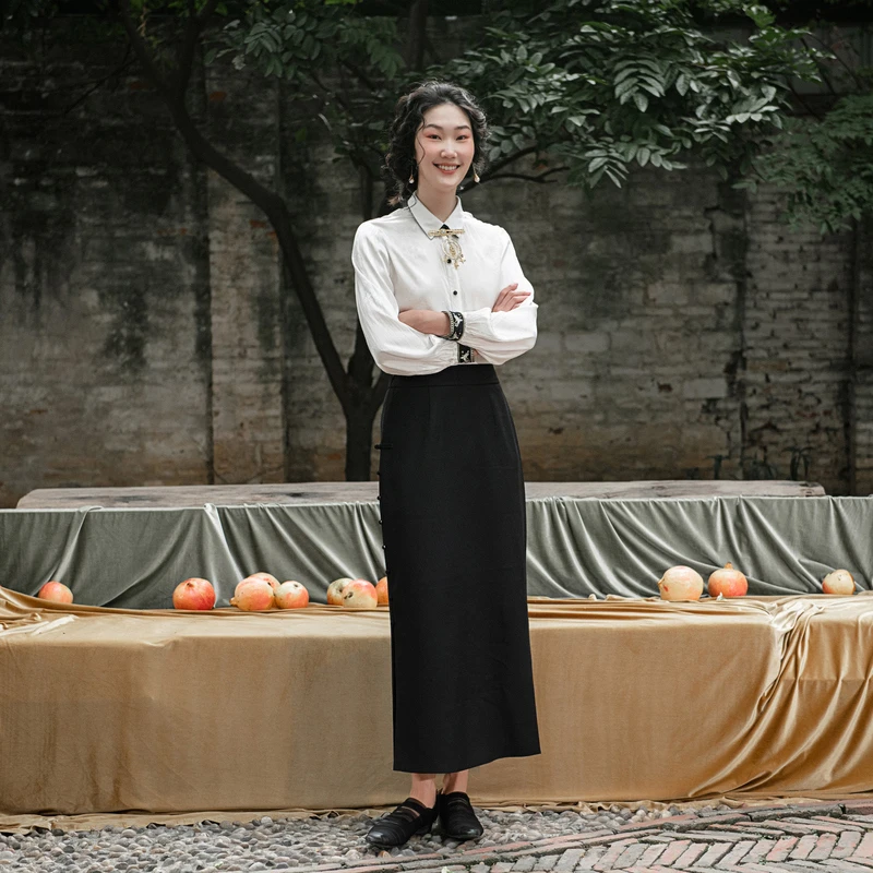 生活在左新中式盘扣一步裙春夏新品小个子显瘦优雅开衩半身裙