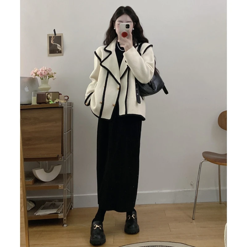 2024秋冬新款大码胖妹妹洋气小香风高品质撞色双面呢翻领外套