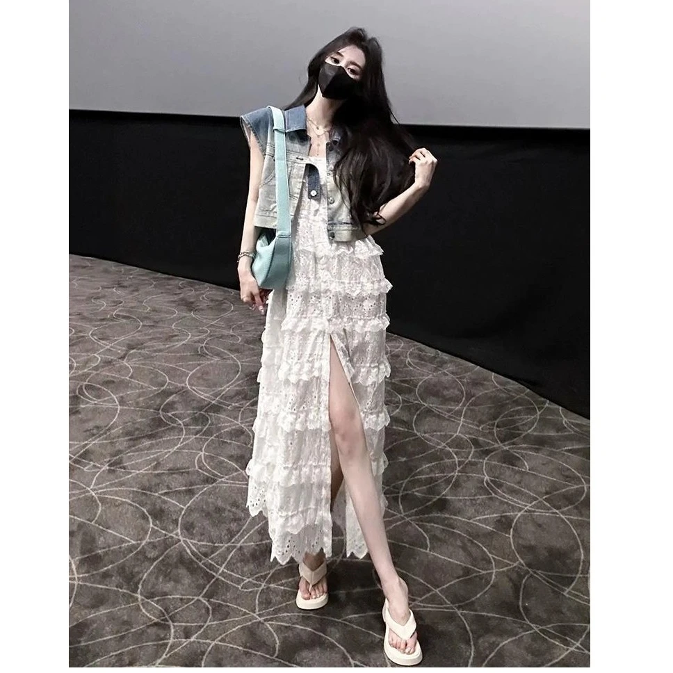 重工镂空蕾丝蛋糕吊带连衣裙女夏季2024新款晕染牛仔马甲两件套装