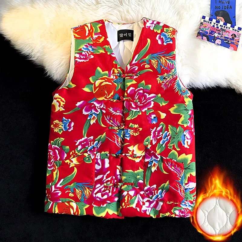 东北大花盘扣棉马甲男女同款冬季新款学生大码民族风无袖背心外套