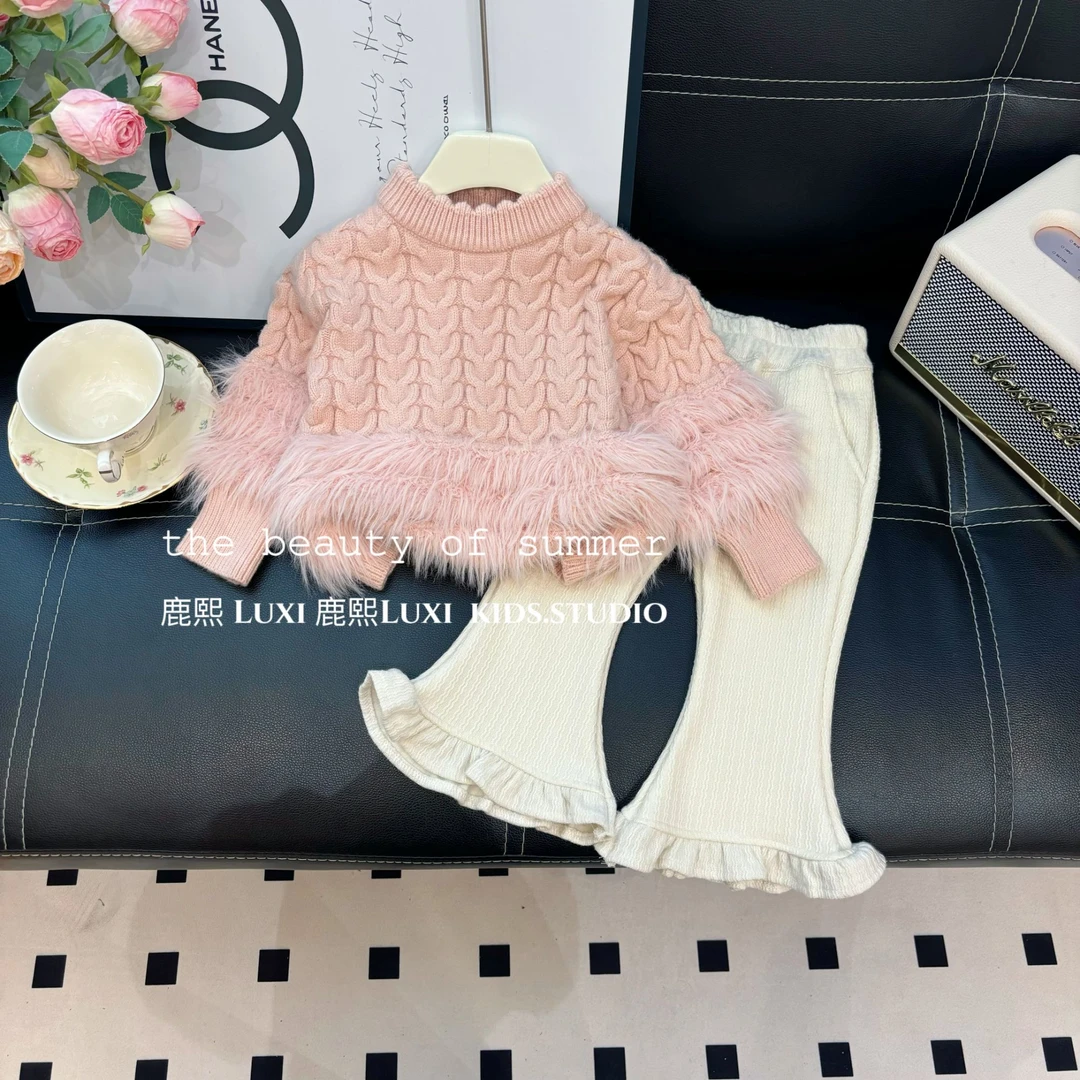 2024秋冬款女童洋气韩版冬季加厚纯色圆领套头毛衣+加绒裤子套装