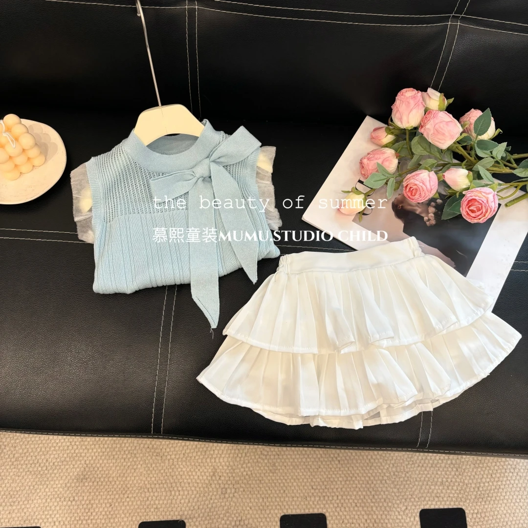 女童夏季新款百搭洋气冰丝上衣+半身裙两件套儿童百搭时尚套装
