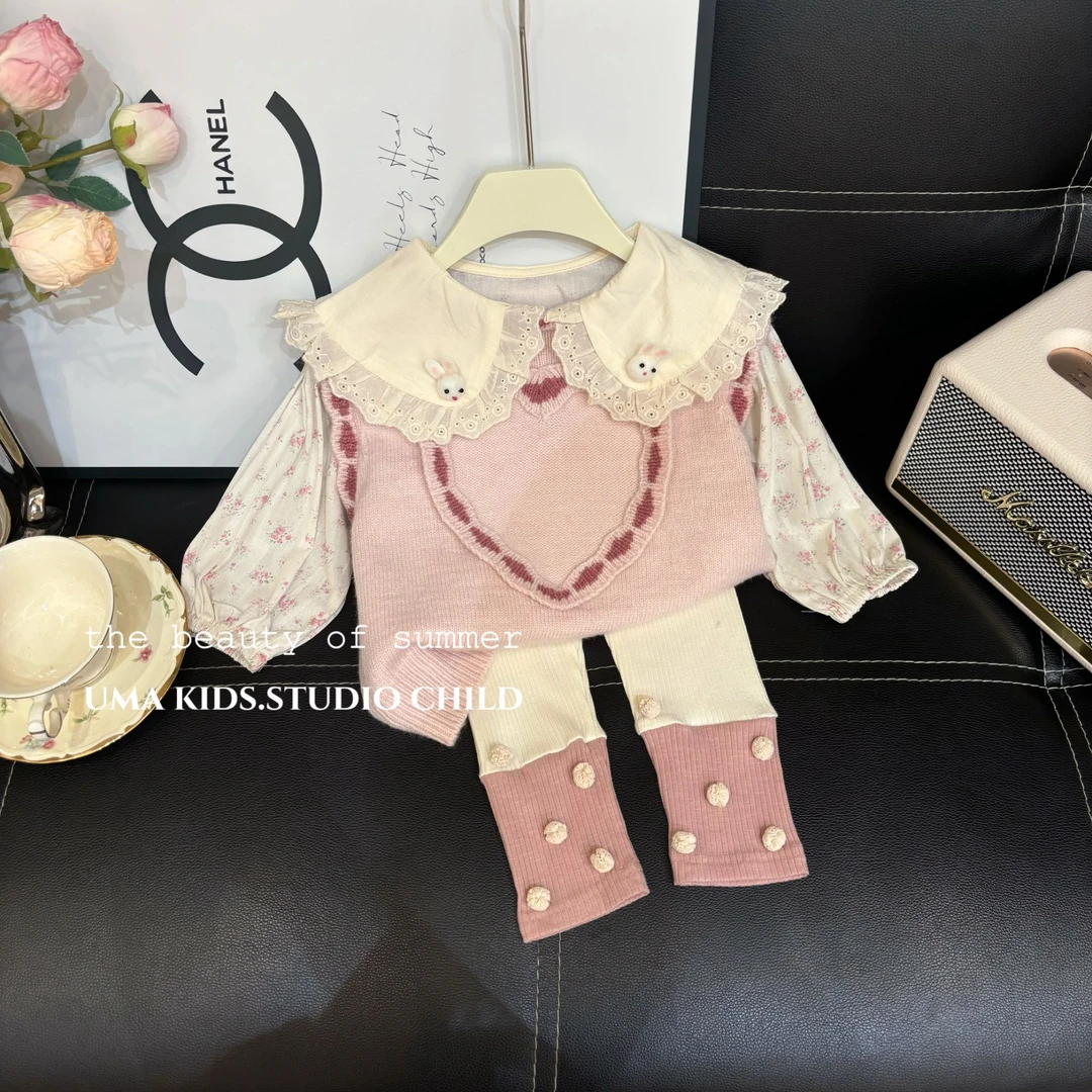 2025新款女童可爱软糯桃心马甲+碎花娃娃衫+打底裤三件套套装