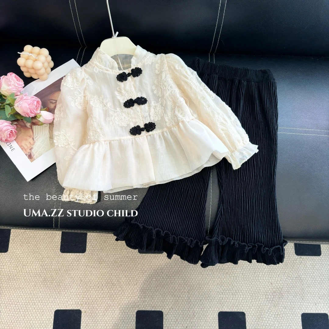 女童套装秋2024秋季新款中国风上衣+喇叭裤两件套儿童套装