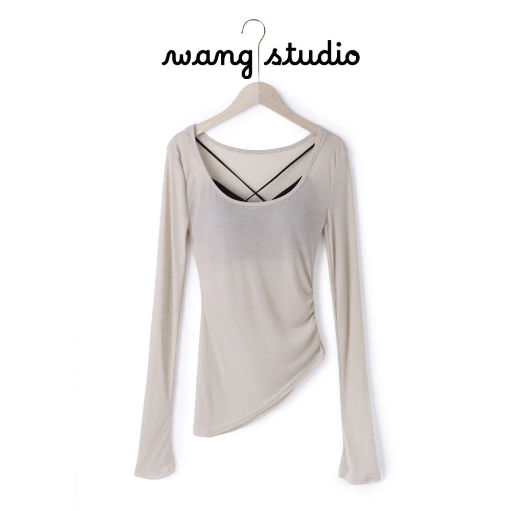 纯欲风小众性感女夏季纯色百搭不规则修身显瘦防晒薄款长袖T恤