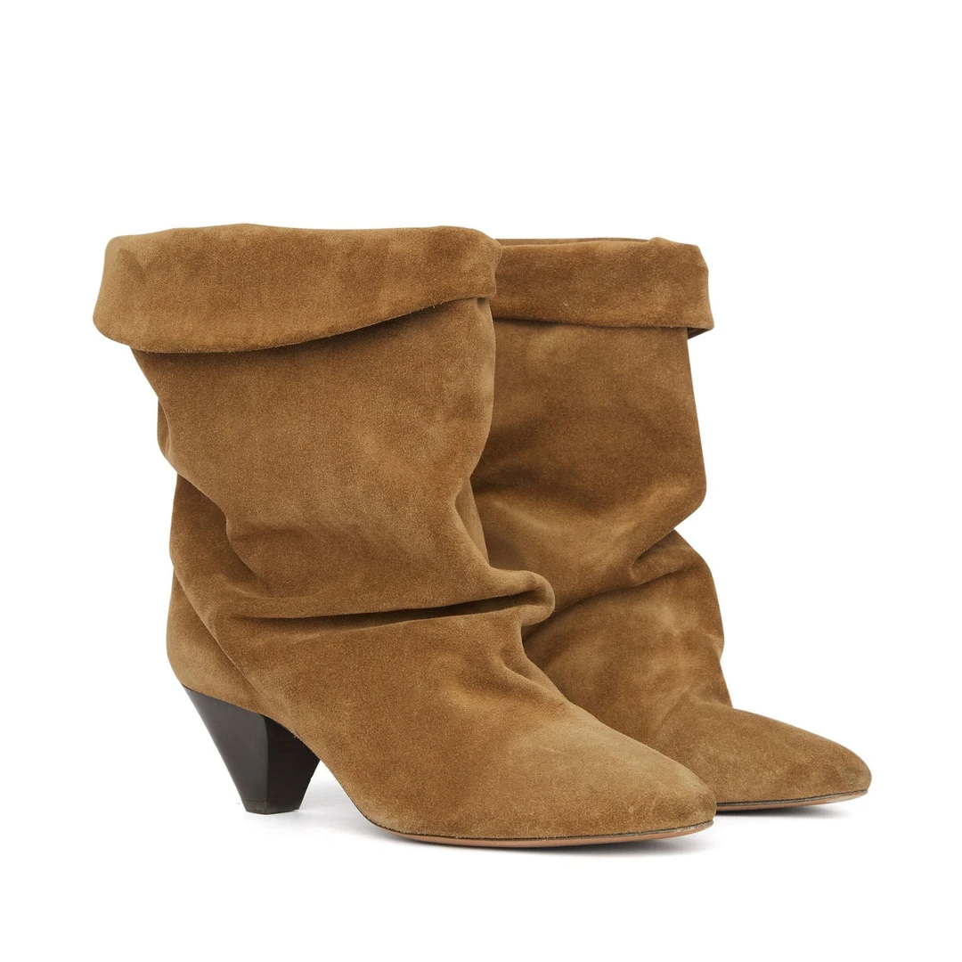 【POMORROW】西部靴尖头靴子 酒杯跟堆堆靴棕色磨砂靴子翻毛皮女靴