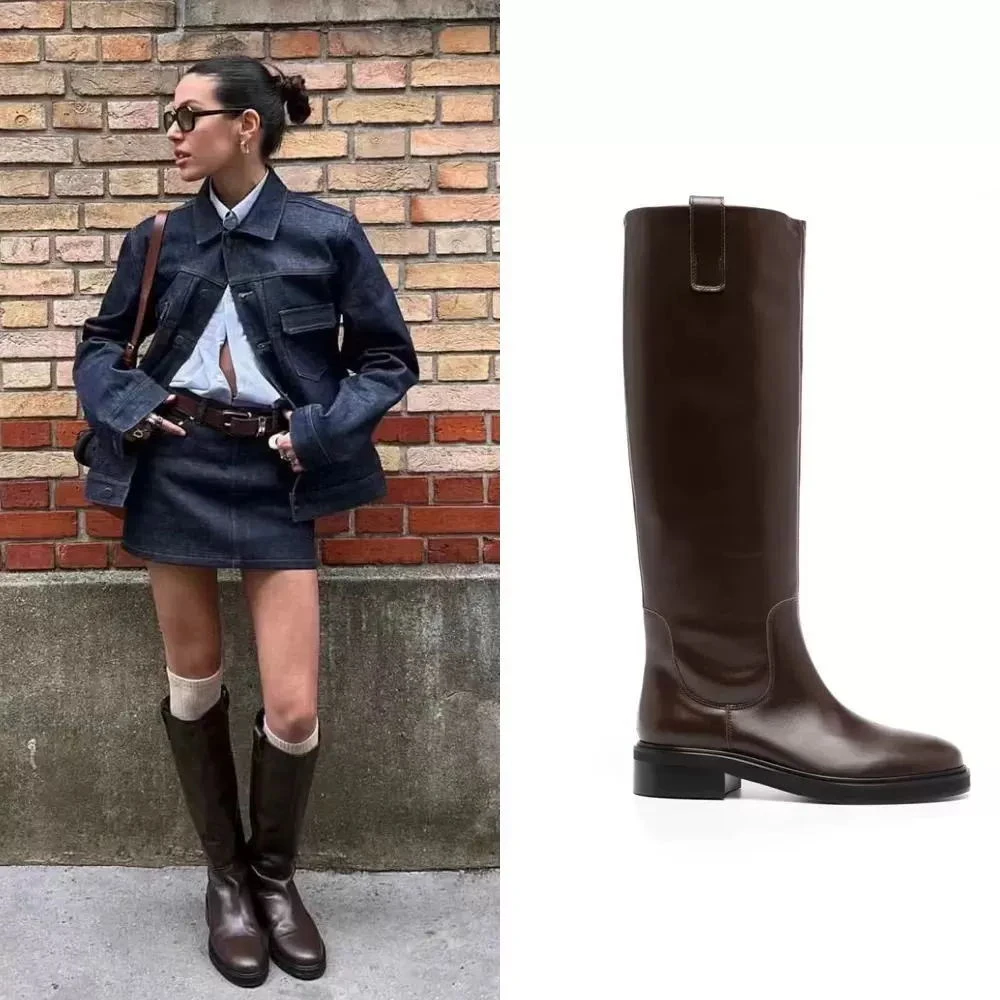 【POMORROW】欧美粗跟骑士靴咖色一脚蹬女靴高筒棕色长靴子