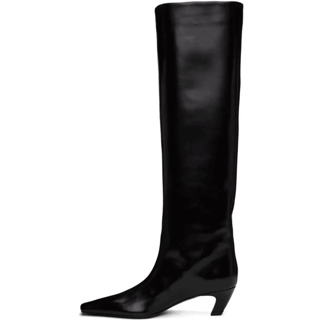 POMORROW法式方头长筒靴一脚蹬真皮长靴子高筒靴小猫跟khaite长靴