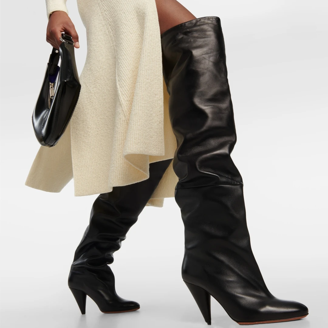 【POMORROW】时尚女士欧美长款高跟尖头过膝靴秋冬瘦瘦靴白色长靴子