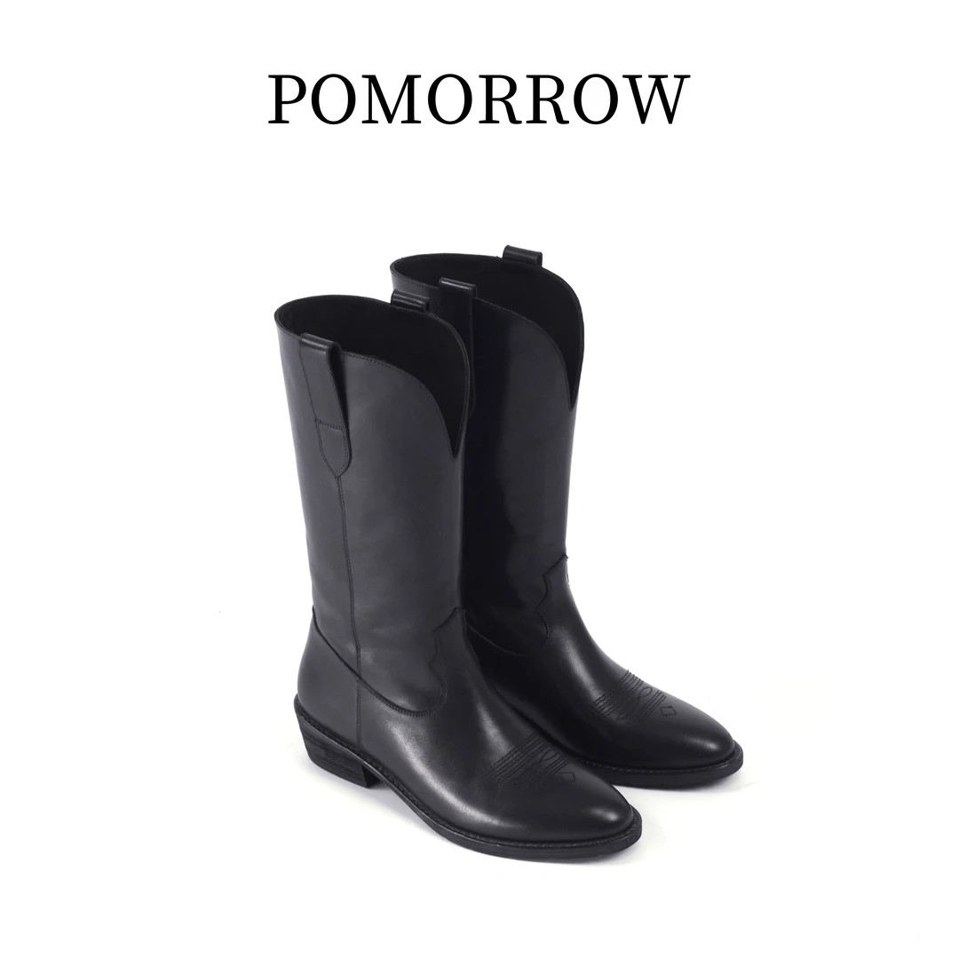 【POMORROW】复古粗跟尖头骑士靴中筒高筒秋冬时装靴V口西部时尚