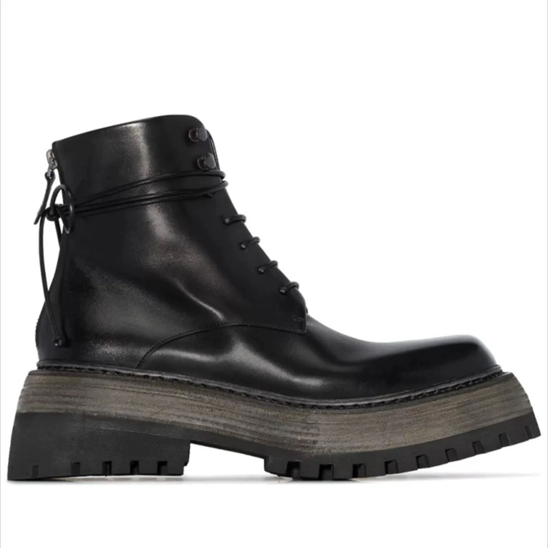 POMORROW高品质厚底短靴系带方头松糕靴小个子增高靴子真皮马丁靴