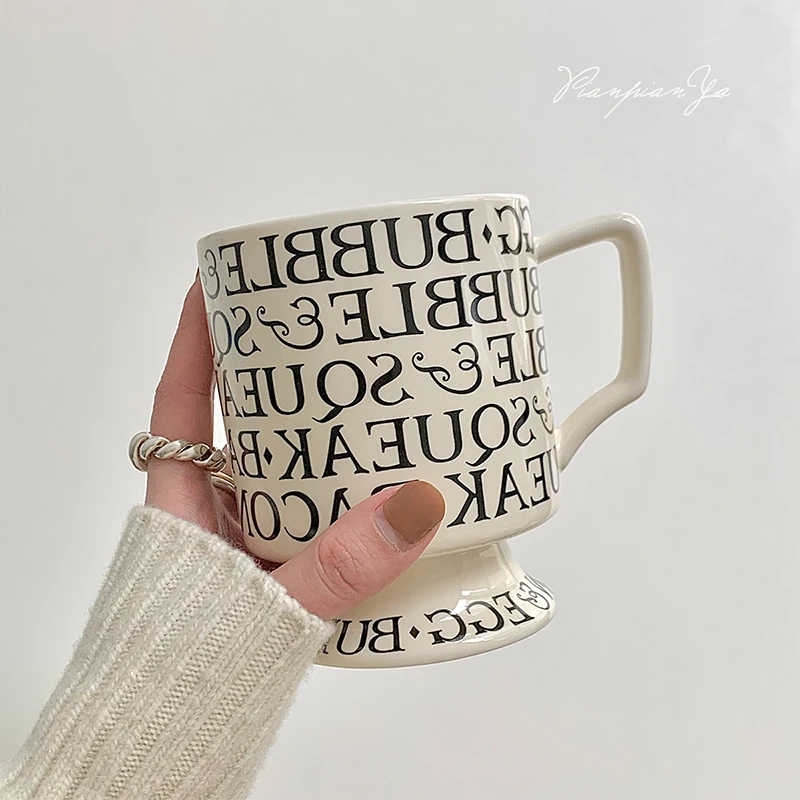 法式咖啡杯罗马字母陶瓷高脚创意马克杯