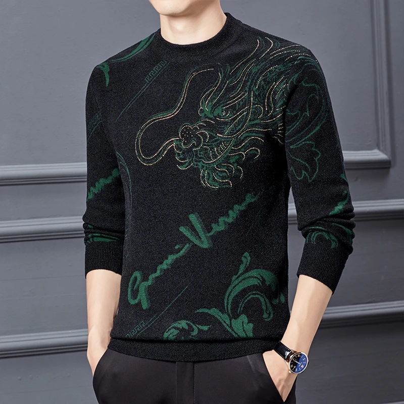 【天鹅绒】冬季男士轻奢烫钻毛衣秋冬时尚休闲提花百搭打底圆领毛衣