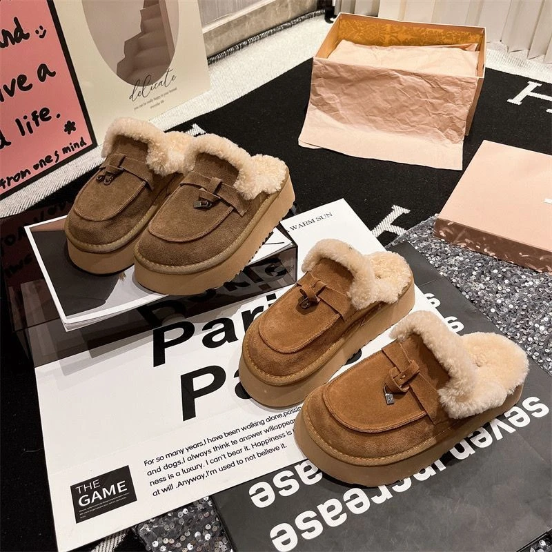 包头毛毛拖鞋女2024新款翻毛皮女拖鞋小众设计舒适百搭真皮羊毛拖