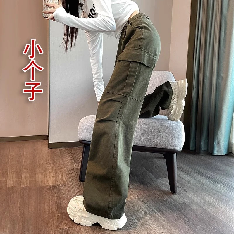 2025新款军绿色工装裤女款秋冬加绒美式直筒显瘦高腰小个子阔腿裤