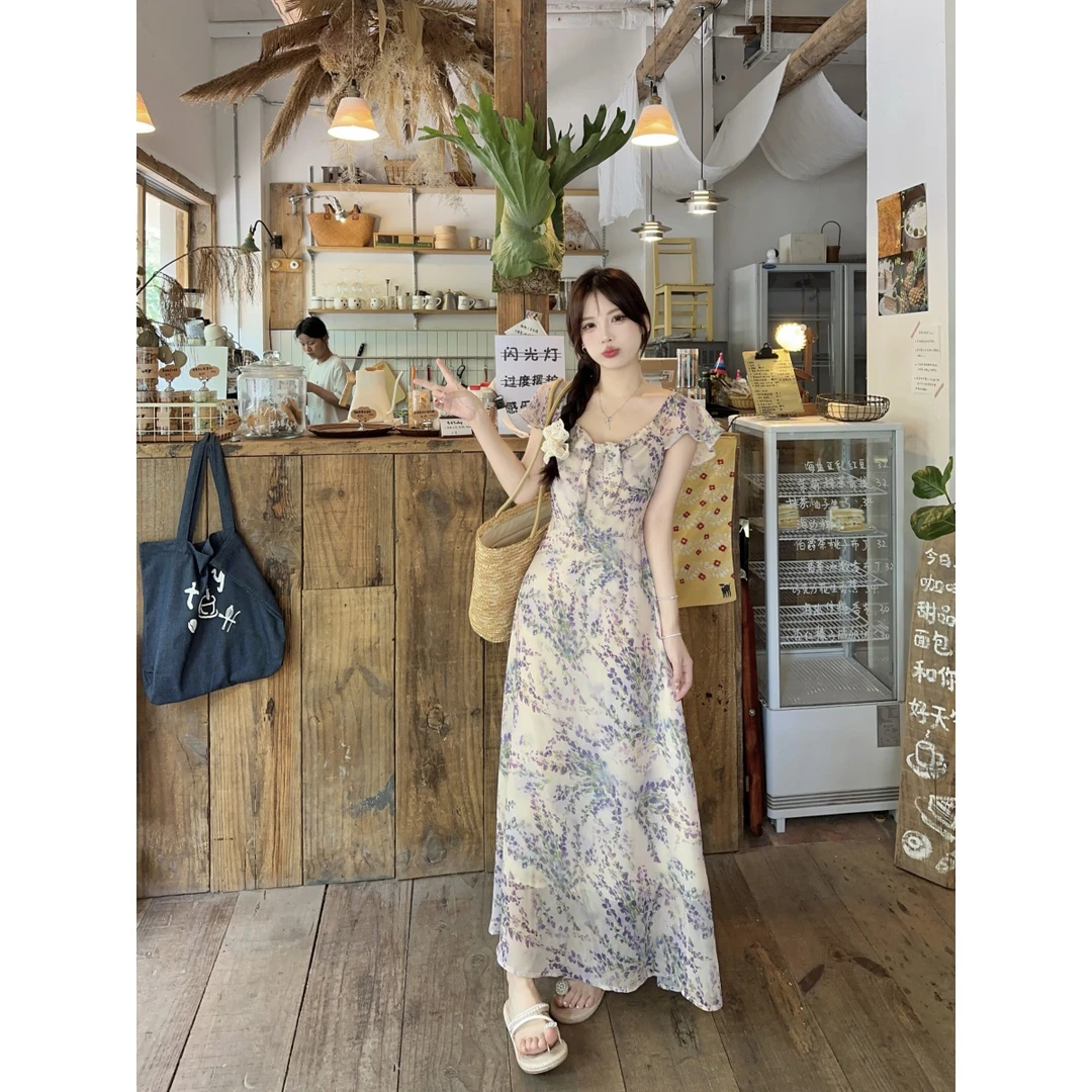大码时尚2024夏季新款超修身淑女套头泡泡袖休闲雪纺碎花连衣裙