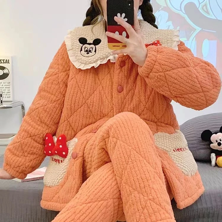 冬季三层夹棉睡衣女珊瑚绒加厚加绒冬天爆款可外穿翻领家居服套装