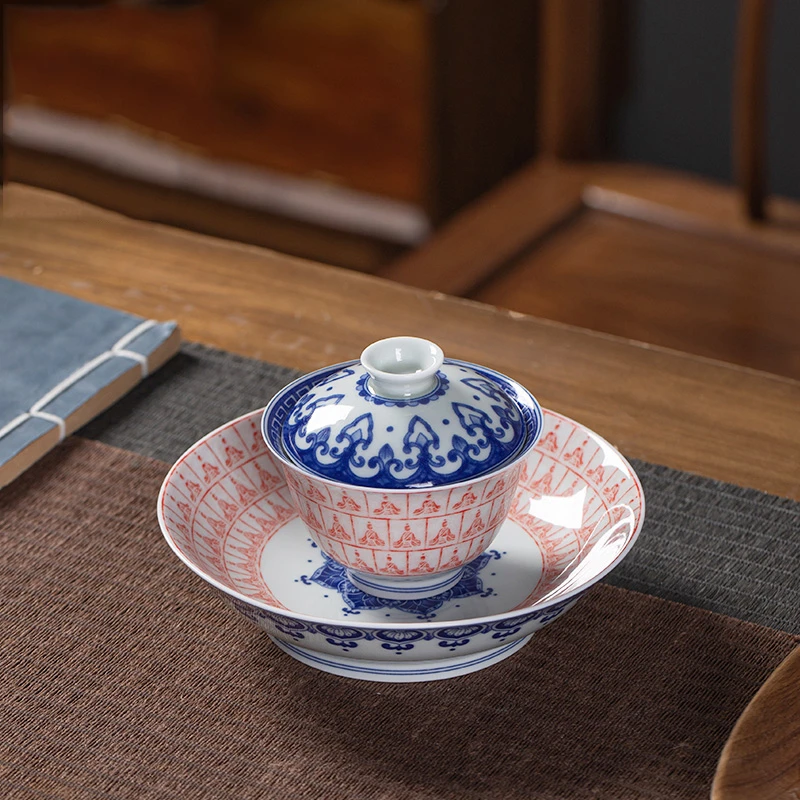 仿古泥千佛盖碗茶杯子单个高档家用陶瓷功夫泡茶碗干泡台壶承组合