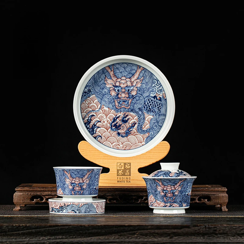 仿古泥釉里红龙纹盖碗茶杯整套家用干泡茶盘陶瓷盖置功夫茶具套装