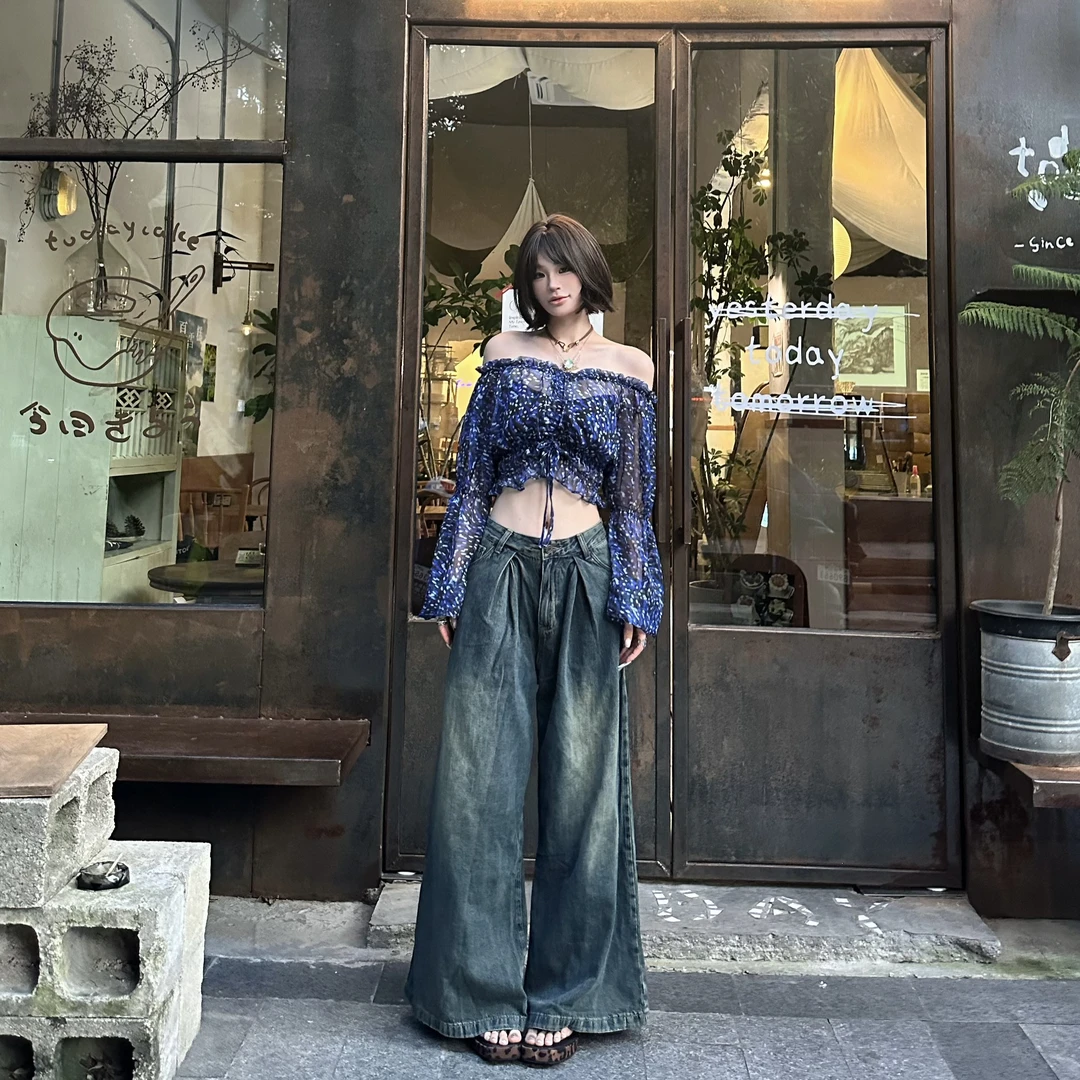 KUKUDEMI「烟雨」复古小众水洗做旧中腰阔腿长裤宽松百搭牛仔裤