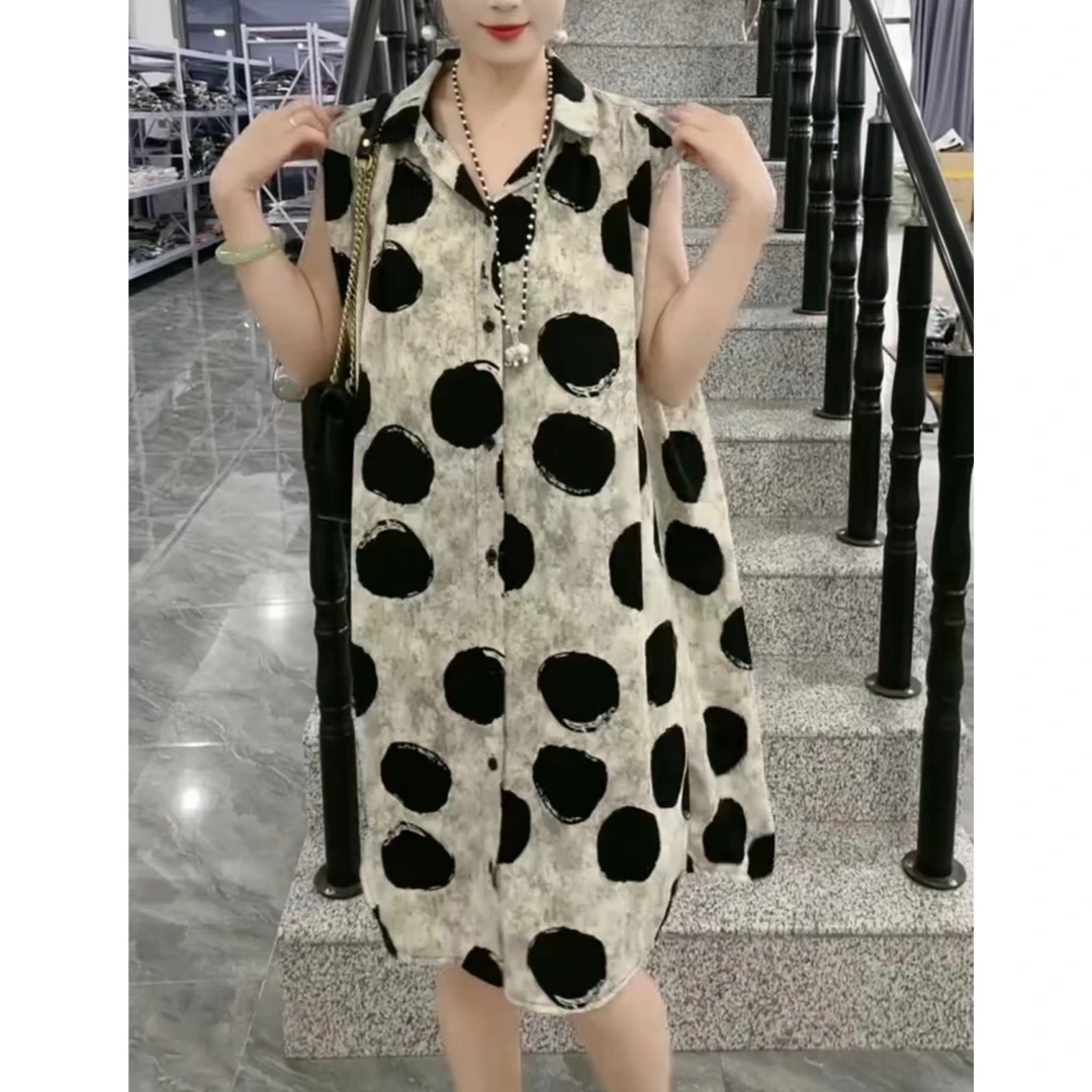 高品质衬衫裙2024年夏季新款气质女神翻领无袖波点宽松显瘦连衣裙