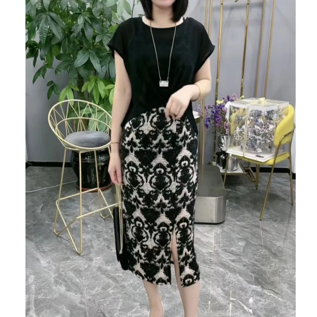 2024夏季新款时尚气质显瘦减龄套装女短袖上衣高腰开叉吊带裙套装