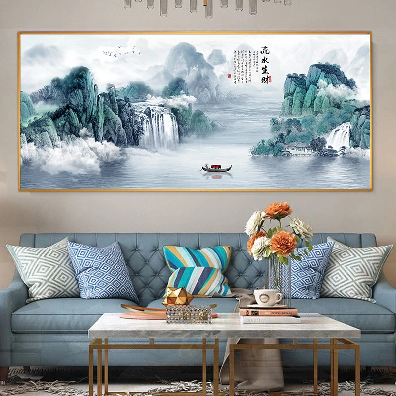 新中式客厅装饰画国画沙发背景墙壁立体书房办公室高山流水壁挂画
