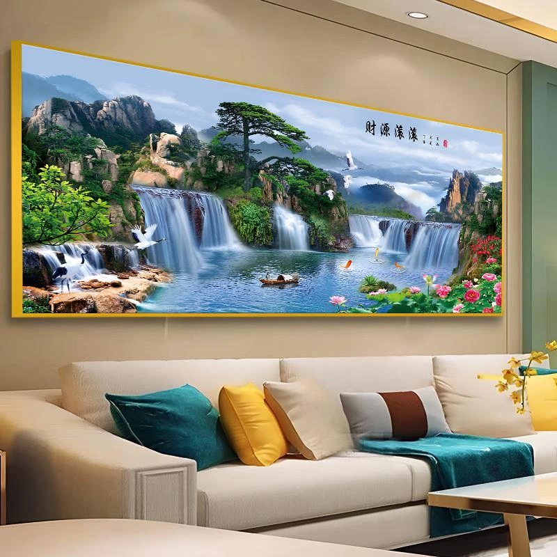 迎客松山水客厅装饰画现代简约山水风景横版背靠挂画用品床头