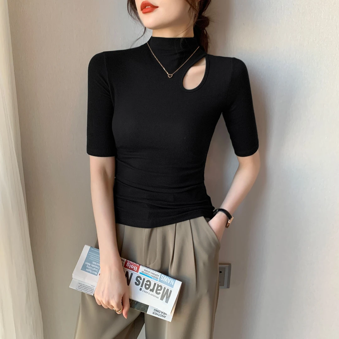 半高领中袖t恤女2024春秋冬新款中领镂空设计感五分袖打底衫上衣
