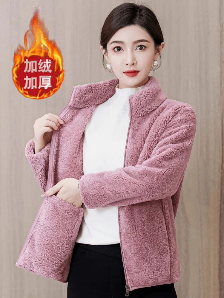 冬装新款中年妈妈珊瑚绒外套女手抓摇粒绒加厚法兰绒短款毛绒开衫