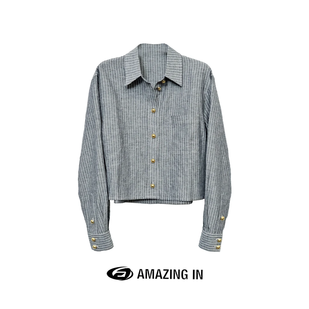 AMAZING IN “木野”亚麻舒适条纹金扣长袖衬衫女A240420-JY-CS3087