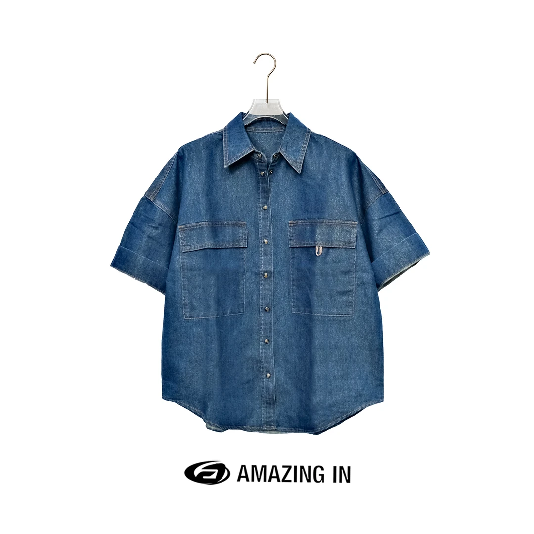 AMAZING IN “原蓝”春夏圆弧下摆牛仔风短袖衬衫A240417-NYDZ-C071