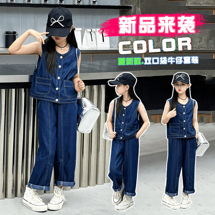 女童牛仔马甲套装夏季2024新款中大童薄款无袖两件套女孩时髦夏装