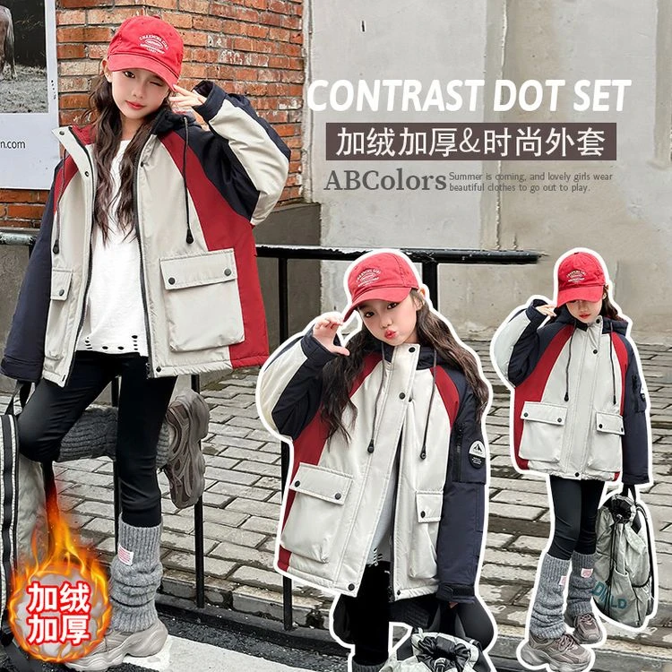 女童冬季外套2024爆款中大童加绒加厚派克服初中生连帽中长款冬装