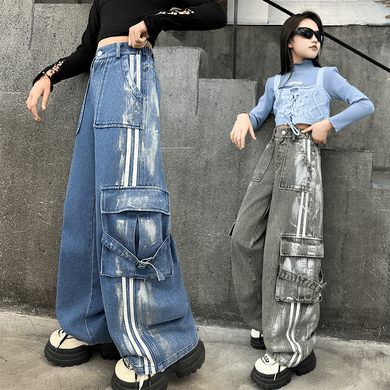 女童工装裤初中生秋季薄款牛仔裤大童女孩2024新阔腿裤儿童休闲裤