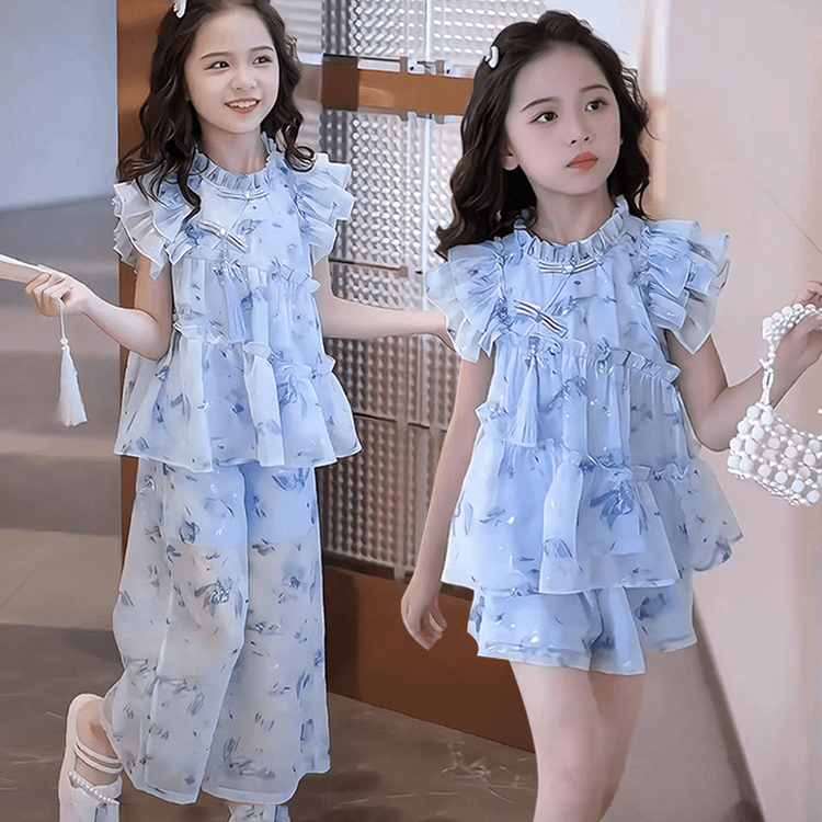 女童套装夏季2024新款中大童中式短裤阔腿长裤三件套女孩洋气夏装
