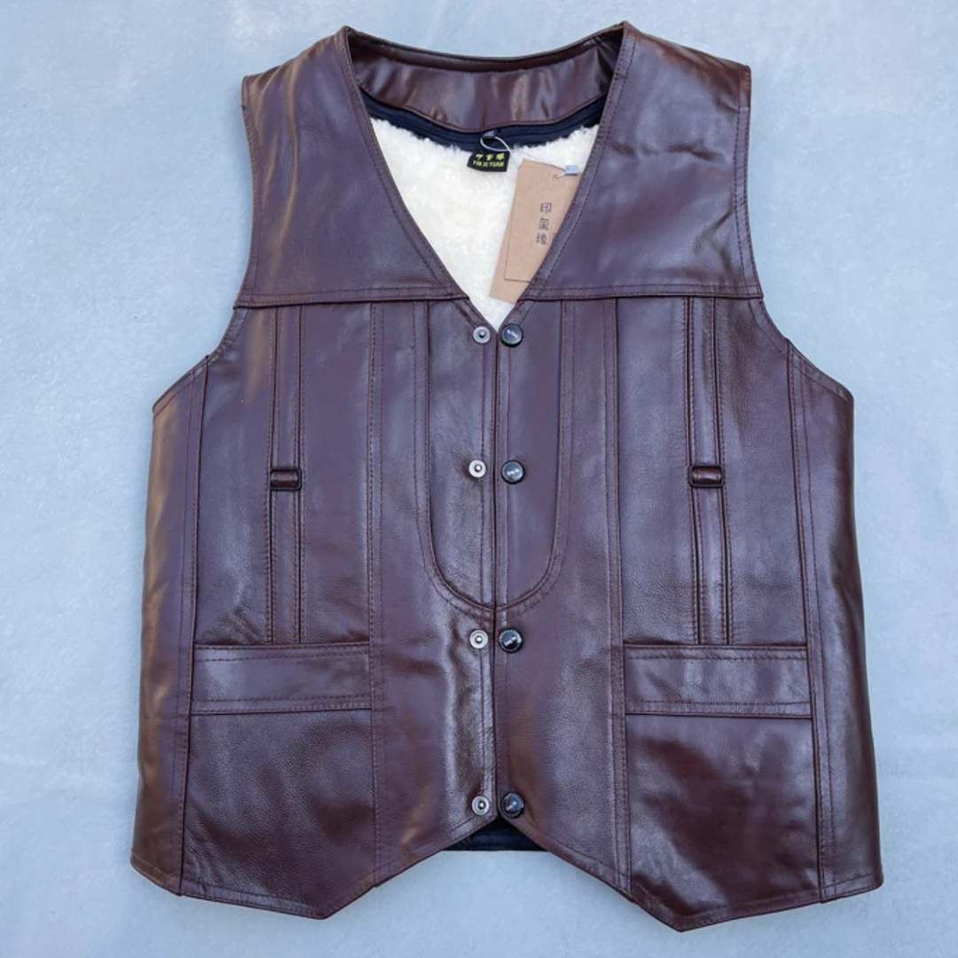 头层牛皮精品（白毛）马甲中老年羊毛内胆冬季保暖牛皮坎肩可拆卸