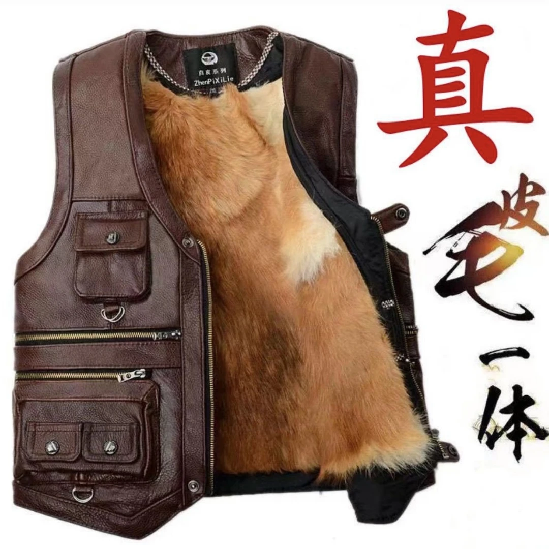印玺缘牛皮记者服马甲男士多兜秋冬季爸爸装休闲款中老年真毛内胆