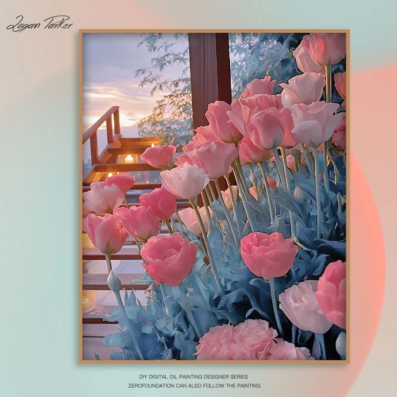 玫瑰花涂色数字油画diy填色画礼物手工风景画手绘油画客厅装饰画