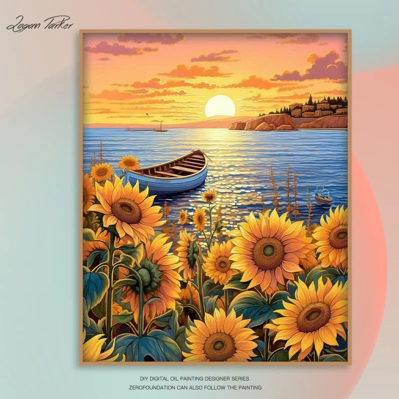 落日向日葵数字油画diy手工填色花卉油彩画涂色卡通风景画装饰画