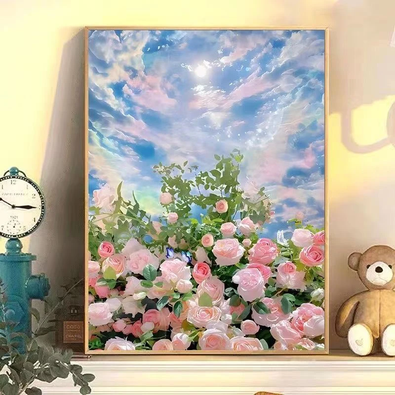 落日玫瑰花diy数字油画手工填色油彩画涂色风景画手绘客厅装饰画