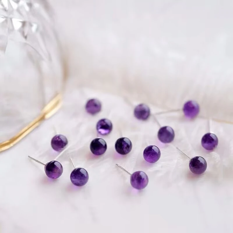紫水晶圆珠耳钉 925纯银镶嵌清新简约时尚女生款水晶耳钉气质百搭