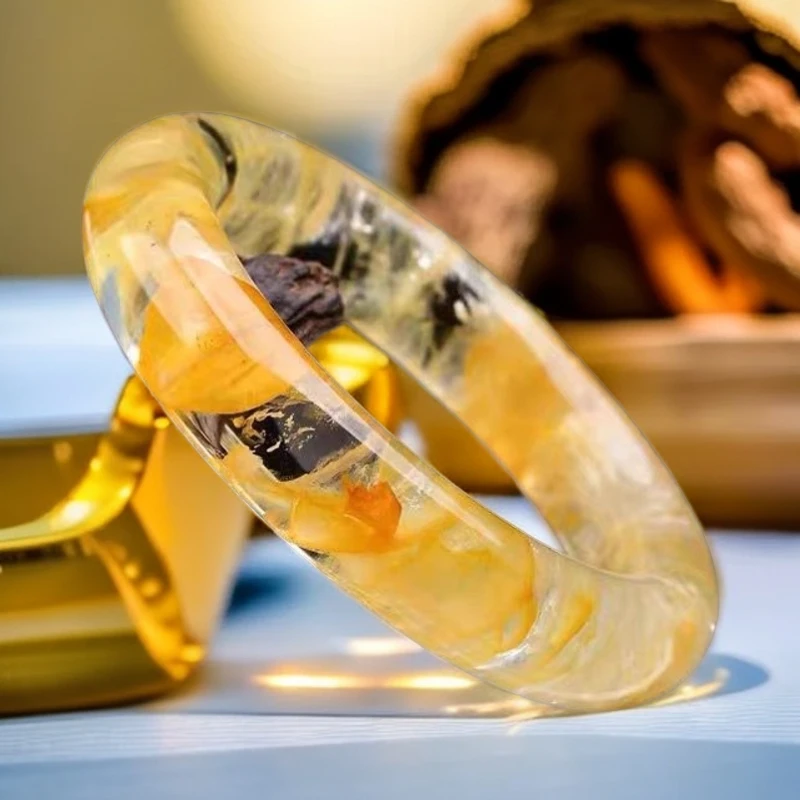 天然黄胶花水晶黄色正圈女款手镯冰透矿物质多多异象幽灵巴西锦鲤