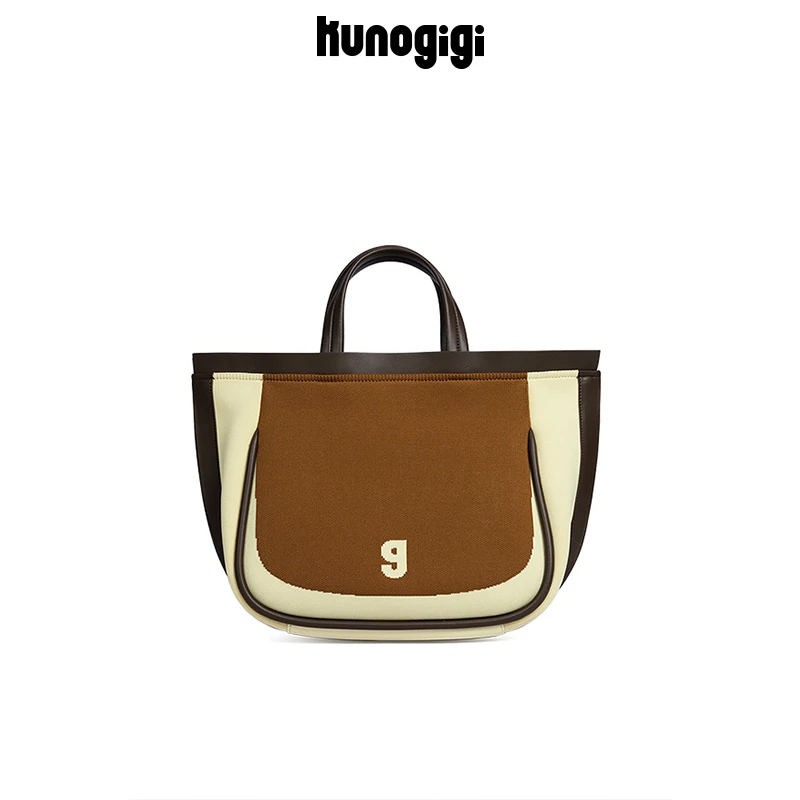 KUNOGIGI/古良吉吉织织托特横款小号针织单肩斜挎包棕撞色