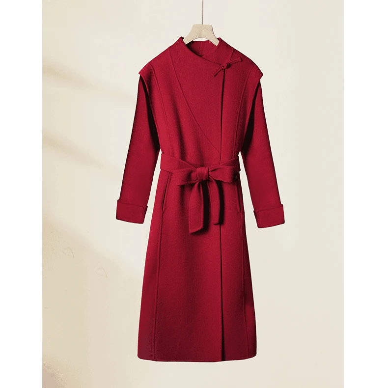 新中式气质时尚中长款秋冬毛呢外套轻奢婚礼结婚双面呢翻领酒红色