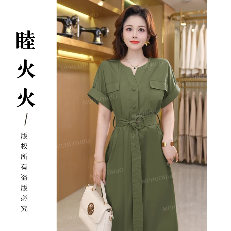 2024夏季气质轻奢时尚半开领收腰遮肉显瘦褶皱系带连衣裙