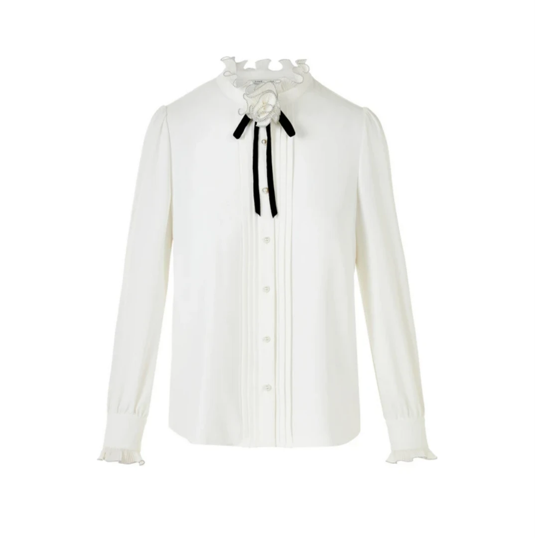 【朗】秋冬新款法式轻奢优雅木耳花边花朵衬衫-LZ802W13