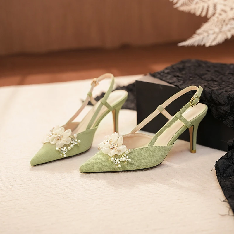 【温礼】小香风花朵凉鞋女2025网红时尚后空百搭细跟浅口高跟鞋气质