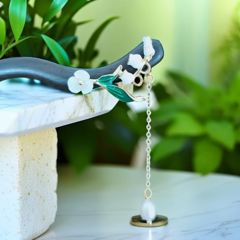 翠梧簪语 加长款天枝铃兰檀木发簪气质清丽别致简约盘发簪子21cm