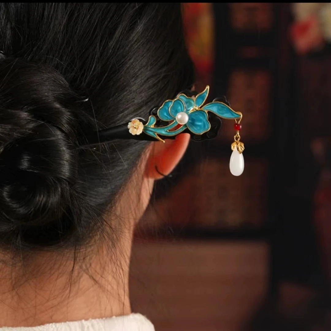 翠梧簪语 新中式烧蓝花香檀木发簪新中式古风旗袍汉服盘发簪子